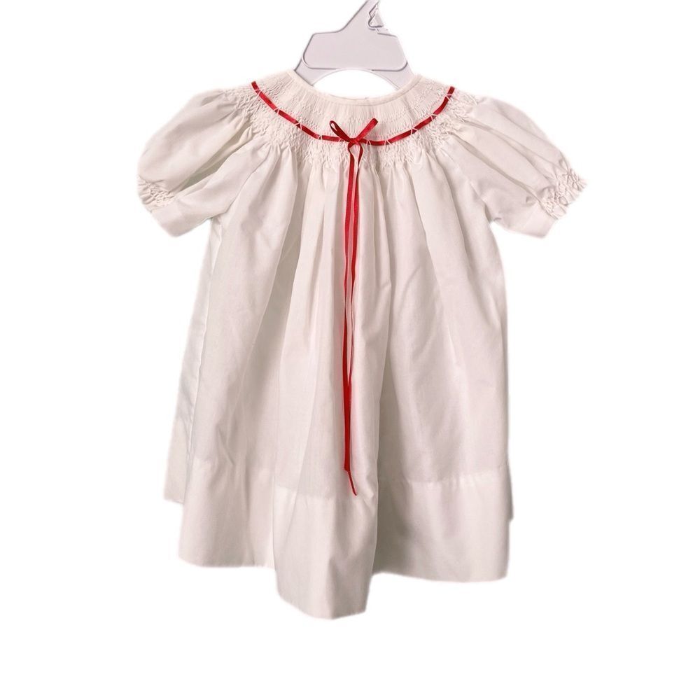 Vintage Style White Baby Dress with Red Accents & Back Buttons Size 6 Months